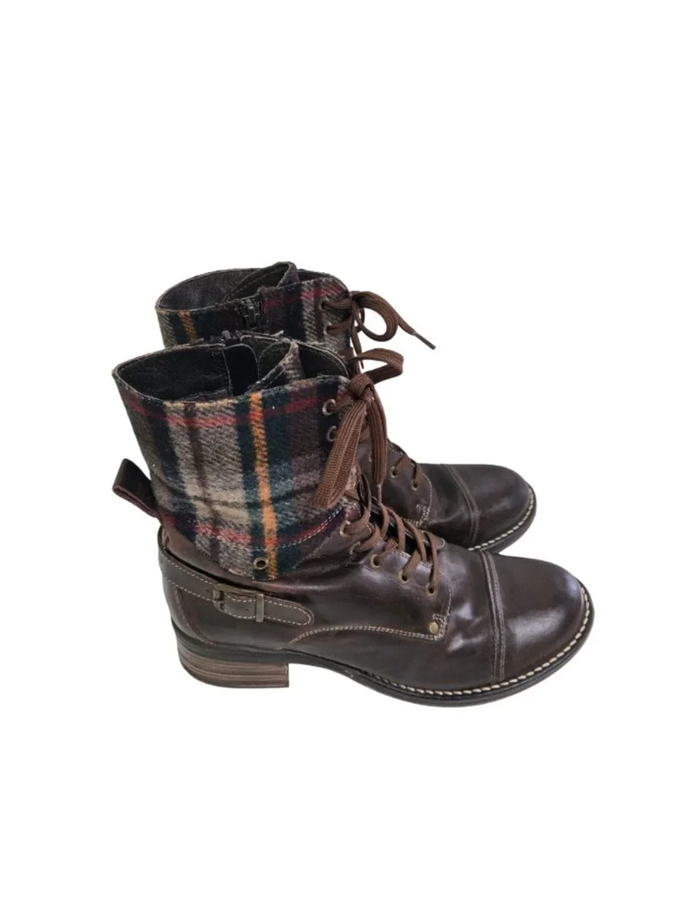 Taos Crave Chocolate Plaid Boot Lace Up Leather Flannel Quality Size 41/10-10.5